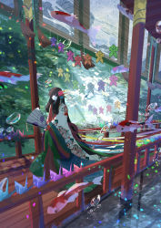 1girl absurdly_long_hair air_bubble amatsuki_rei animal black_hair blunt_bangs blush bridge brown_eyes bubble caustics closed_mouth commentary_request day fantasy female_focus fish folding_fan hair_ornament hand_fan highres holding holding_fan japanese_clothes kimono koi layered_clothes layered_kimono light_rays long_hair long_sleeves origami original outdoors paper_crane paper_fan print_kimono railing scenery smile solo sunbeam sunlight tassel very_long_hair water white_kimono wide_sleeves