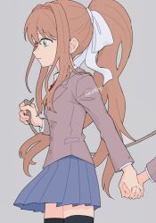 1girl blue_skirt bow brown_hair doki_doki_literature_club doki_doki_literature_club_school_uniform green_eyes hair_bow highres holding holding_hands holding_rope leash long_hair monika_(doki_doki_literature_club) non-web_source out_of_frame pleated_skirt ponytail rope school_uniform sebon_(sebochin) skirt solo_focus white_bow