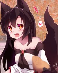 +++ 1girl :d animal_ears autumn bare_shoulders blurry blurry_background blush breasts brooch brown_hair commentary_request diamond-shaped_pupils diamond_(shape) dress eighth_note fang food food_on_face giving heart imaizumi_kagerou jewelry long_hair looking_at_viewer medium_breasts musical_note off_shoulder open_mouth red_eyes roasted_sweet_potato sivamaron smile solo spoken_heart sweet_potato symbol-shaped_pupils touhou translation_request transparent upper_body wolf_ears