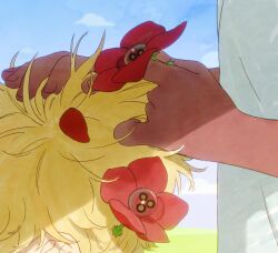 1boy 1girl alien_stage anemone_(flower) blonde_hair cloud dark-skinned_female dark_skin flower hair_flower hair_ornament hand_on_another&#039;s_head highres holding holding_flower hyuna_(alien_stage) luka_(alien_stage) official_art red_flower short_hair sky
