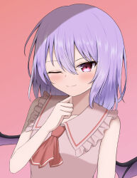 1girl ;) absurdres adapted_costume ascot bat_wings blue_hair blush bright_pupils clenched_hand closed_mouth commentary_request eyelashes frilled_shirt_collar frills hair_between_eyes hand_up highres looking_at_viewer medium_hair no_headwear one_eye_closed pink_background pink_shirt red_ascot red_eyes remilia_scarlet shirt simple_background sleeveless sleeveless_shirt smile solo split_mouth straight_hair szl touhou tsurime upper_body wings
