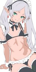 1girl bad_link bare_shoulders bikini black_bra black_panties black_thighhighs bra collar detached_collar elf flat_chest frieren frilled_bra frilled_collar frilled_panties frilled_thighhighs frills green_eyes grey_hair highres long_hair looking_at_viewer maid maid_bikini maid_headdress maid_panties navel panties pointy_ears sitting smile sousou_no_frieren stomach swimsuit thighhighs twintails unconventional_maid underwear very_long_hair wrist_cuffs xel4