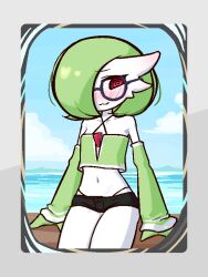 1girl :3 @_@ arms_at_sides averting_eyes bare_shoulders black-framed_eyewear black_panties black_shorts blue_background blue_sky blush bob_cut border closed_mouth cloud collarbone colored_skin cowboy_shot crop_top day detached_sleeves ear_blush female_focus flat_chest gardevoir gen_3_pokemon glasses green_hair green_shirt green_skin green_sleeves grey_border hair_over_one_eye happy highleg highleg_panties jaggy_lines liveactors long_sleeves looking_to_the_side micro_shorts midriff multicolored_skin navel nintendo ocean one_eye_covered outdoors panties pokemon pokemon_(creature) pokemon_tcg pokemon_tcg_pocket red_eyes round_eyewear shirt short_hair shorts sitting sky smile solo spaghetti_strap stomach string_panties thighs two-tone_skin underwear white_skin