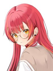 1girl :3 absurdres brown_sweater ear_piercing earrings glasses highres jewelry long_hair looking_at_viewer looking_back mea_mememea nekota_tsuna nekota_tsuna_(4th_costume) orange_eyes paw_hair_ornament piercing portrait red_hair round_eyewear shirt short-sleeved_sweater short_sleeves simple_background solo sweater virtual_youtuber vspo! white_background white_shirt