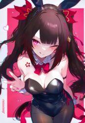 Rule 34 | 1girl, absurdres, black pantyhose, black socks, blush, brown hair, butterfly-shaped pupils, closed mouth, collar, hair ornament, hand up, heart (symbol), highres, honkai: star rail, honkai (series), leotard, long hair, looking at viewer, one eye closed, pantyhose, pink background, pink eyes, playboy bunny, playboy bunny swimsuit, rabbit ears, rabbit hair ornament, red ribbon, ribbon, smile, socks, solo, sparkle (honkai: star rail), symbol-shaped pupils, tongue, tongue out, v, very long hair, white background