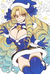 1girl absurdres astraea_(fate) blonde_hair blue_dress blue_gloves blue_hair blue_hat blue_ribbon blue_thighhighs breasts cleavage commission dress drill_hair ebora elbow_gloves fate/grand_order fate_(series) fur_trim gloves gradient_hair hair_ribbon hat highres ko-fi_commission large_breasts long_hair looking_at_viewer multicolored_hair non-web_source parted_bangs ribbon santa_hat smile solo thighhighs thighs very_long_hair yellow_eyes