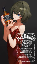 1girl ad alcohol black_background blue_eyes bottle breasts brown_hair cleavage dress female_focus green_eyes heterochromia highres holding holding_bottle idolmaster idolmaster_cinderella_girls jack_daniel&#039;s medium_breasts modare mole mole_under_eye product_placement red_dress short_hair simple_background smile solo takagaki_kaede whiskey