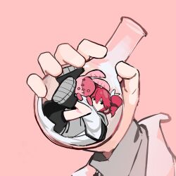 1girl black_boots black_eyes black_shorts boots bow clone flask grey_sweater hair_bow highres holding holding_flask in_flask kasane_teto kasane_teto_(sv) looking_at_viewer peppy_(peppersteaku) pink_background red_hair round-bottom_flask science_(synthesizer_v) shorts stuffed_toy sweater synthesizer_v utau white_background