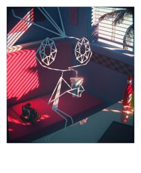 animal_ears booth_seating camera cup disposable_cup drinking drinking_straw film_grain highres holding holding_cup indoors ketchup_bottle p.carredo polaroid_camera polaroid_photo rabbit_ears restaurant solo vib-ribbon vibri_(vib-ribbon) window window_blinds window_shadow wireframe