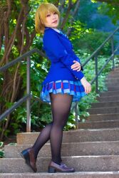 Rule 34 | blonde hair, bow, bowtie, cosplay, from side, highres, koizumi hanayo, koizumi hanayo (cosplay), love live!, love live! school idol project, miniskirt, pantyhose, real life, school uniform, short hair, side profile, skirt, stairs, tagme