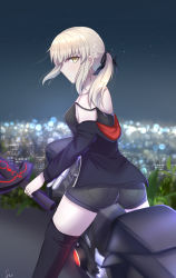 absurdres artoria_pendragon_(fate) back blonde_hair boots eyebrows_hidden_by_hair fate/grand_order fate_(series) highres holding holding_sword holding_weapon jacket long_hair looking_at_viewer looking_back motor_vehicle motorcycle night night_sky official_alternate_costume ponytail riding saber_alter saber_alter_(ver._shinjuku_1999) saber_alter_(ver._shinjuku_1999)_(fate) short_hair sii_artatm sky sword weapon yellow_eyes