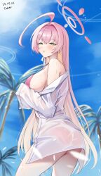 1girl :o ahoge armpit_crease ass bikini bikini_under_clothes blue_archive blue_sky blush breasts cloud dated day green_eyes halo hanako_(blue_archive) hanako_(swimsuit)_(blue_archive) highres large_breasts long_hair looking_at_viewer official_alternate_costume open_mouth outdoors palm_tree pink_hair pink_halo revision shirt sideboob sky solo strap_gap swimsuit thighs ticker_(kks2ksy) tree very_long_hair white_shirt