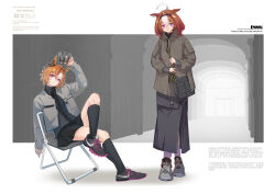2girls @_@ absurdres ahoge alternate_costume animal_ear_piercing animal_ears arm_at_side bag black_hairband black_shoes black_skirt black_socks brown_hair brown_jacket chair chinese_text cleats commentary crown double-parted_bangs english_commentary english_text engrish_text folding_chair full_body green_jacket grey_shoes hair_between_eyes hairband hallway handbag highres holding holding_crown hood hooded_jacket horse_ears jacket kneehighs leaning_back liulijun233 long_skirt long_sleeves looking_at_viewer medium_hair meisho_doto_(umamusume) mixed-language_text multicolored_hair multilingual_text multiple_girls on_chair purple_eyes ranguage shirt shoes short_hair sitting skirt smug sneakers socks standing t.m._opera_o_(umamusume) translation_request turtleneck turtleneck_shirt two-tone_hair umamusume unworn_crown white_hair white_socks