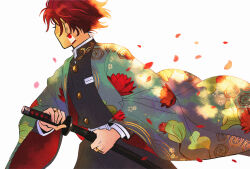 1boy andythelemon belt black_pants demon_slayer_uniform earrings facing_away falling_petals floral_background holding holding_sword holding_weapon jewelry kamado_tanjirou kimetsu_no_yaiba male_focus pants petals piercing red_hair ring shirt_tucked_in short_hair solo sword weapon white_background