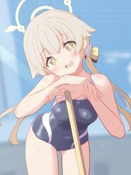 1girl :d alternate_breast_size alternate_costume blue_archive blue_one-piece_swimsuit blue_sky blurry blurry_background bow breasts bright_pupils brown_hair commentary_request covered_navel day floating_hair hair_between_eyes hair_bow hair_ornament halo head_tilt hifumi_(blue_archive) highres kyousuke_(orcein) leaning_forward leaning_on_object light_blush light_particles looking_at_viewer low_twintails medium_breasts one-piece_swimsuit open_mouth outdoors school_swimsuit sky smile solo swimsuit tareme teeth twintails upper_teeth_only wet wing_hair_ornament yellow_bow yellow_halo