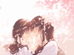 2girls black_sailor_collar blush brown_hair cherry_blossoms closed_eyes day falling_petals from_side hand_in_another&#039;s_hair highres imminent_kiss ll_446 long_hair multiple_girls open_mouth original outdoors petals profile sailor_collar school_uniform serafuku shirt smile twintails white_shirt yuri