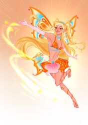 1girl armpits bare_shoulders barefoot_sandals_(jewelry) blonde_hair blue_choker bra breasts choker cleavage collarbone commentary elbow_gloves enchantix english_commentary fairy fairy_wings flower_skirt flying full_body gartcicoran gloves gradient_background grin happy highres lipstick long_hair magical_girl makeup miniskirt navel orange_bra orange_lips orange_skirt orange_wings outstretched_arm pink_gloves pink_skirt pointy_ears skirt smile solo star_(symbol) star_choker stella_(winx_club) stomach thick_eyebrows tiara toenails toes two-tone_skirt two_side_up underwear very_long_hair wings winx_club