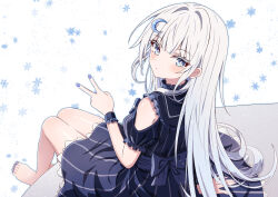 1girl absurdres arm_support barefoot black_dress blue_eyes blush closed_mouth clothing_cutout commentary_request commission crescent crescent_hair_ornament dress grey_hair hair_intakes hair_ornament highres long_hair looking_at_viewer looking_to_the_side nail_polish original pixiv_commission puffy_short_sleeves puffy_sleeves purple_nails short_sleeves shoulder_cutout snowflakes solo striped_clothes striped_dress synn032 toenail_polish toenails v vertical-striped_clothes vertical-striped_dress very_long_hair white_background