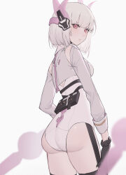 Rule 34 | 1girl, absurdres, accessories, ass, bodysuit, from behind, gloves, highres, liv: lux (pgr), liv (pgr), looking back, pink eyes, punishing: gray raven, skin tight, thighs, white hair, xtears kitsune
