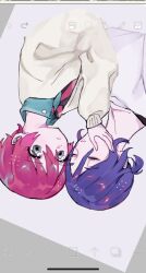 1boy 1girl amate_yuzuriha aqua_eyes art_program_in_frame blue_hair collared_shirt grey_background gttl0l7hl667579 gundam gundam_gquuuuuux highres looking_at_viewer necktie red_hair school_uniform shirt short_hair shuji_ito sweater upside-down