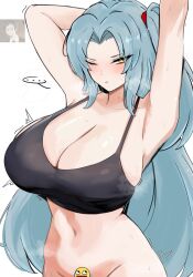 ... angela_(project_moon) armpits blue_hair bra breasts censored highres large_breasts library_of_ruina light_blush long_hair m_ayonessa navel one_eye_closed project_moon pubic_hair roland_(project_moon) thighs underwear yellow_eyes