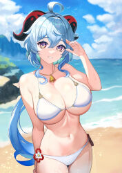 1girl ahoge arm_behind_back beach bell bikini blue_hair blue_sky breasts cleavage cloud commentary_request day flower_knot ganyu_(genshin_impact) genshin_impact goat_horns gradient_eyes grin hand_up highres horns jewelry large_breasts light_smile long_hair low_ponytail manple0201 multicolored_eyes navel neck_bell necklace ocean outdoors ponytail purple_eyes revision sand sidelocks sky smile solo stomach swimsuit very_long_hair wavy_hair wet white_bikini yellow_eyes