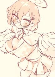 absurdres bad_link blue_archive blush breasts cheerleader chihiro_(blue_archive) damao_(kiwa777) halo highres leaning_forward millennium_cheerleader_outfit_(blue_archive) monochrome navel open_mouth skirt source_request tagme