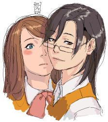 00s 2girls black-framed_eyewear black_eyes black_hair brown_hair closed_mouth expressionless glasses green_eyes harada_chie ikeda_(cpt) looking_at_viewer multiple_girls my-hime school_uniform senou_aoi short_hair simple_background smirk sweater_vest upper_body white_background yuri