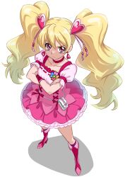1girl absurdres blonde_hair boots choker closed_mouth collarbone crossed_arms cure_peach earrings fresh_precure! from_above frown full_body hair_between_eyes hair_ornament heart heart_earrings heart_hair_ornament highres jewelry keshizumi_no_yudoufu knee_boots layered_skirt long_hair looking_at_viewer low_twintails magical_girl miniskirt momozono_love pink_shirt pink_skirt pink_sleeves precure red_boots red_choker red_eyes shirt short_sleeves simple_background skirt solo standing twintails underbust very_long_hair white_background