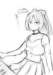1girl bare_arms bare_shoulders bow character_name cheerleader closed_mouth commentary_request crop_top cropped_shirt futsuu_no_keion-bu greyscale hair_bow highres instrument kameya_san keyboard_(instrument) long_hair midriff mole mole_on_cheek mole_under_eye mole_under_mouth monochrome navel official_alternate_costume osada_sushi pleated_skirt ponytail shirt simple_background sketch skirt sleeveless sleeveless_shirt solo turtle white_background