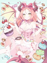 1girl breasts cake candy cleavage commission cookie dragon_girl dragon_horns dragon_tail dragon_wings dress food hachidoriwanokuni hair_ribbon highres horns iris_mysteria! large_breasts long_hair looking_at_viewer macaron pink_dress pointy_ears red_hair red_ribbon ribbon sharon_oliva skeb_commission sweets tail wings yellow_eyes