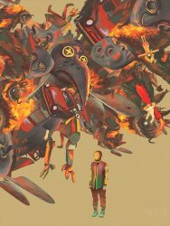 Rule 34 | bee, bug, burning, car, dkaism, doll, faceless, floating, floating object, full body, insect, jacket, joints, limited palette, mask, mechanical arms, mechanical legs, motor vehicle, original, painterly, plague doctor mask, red car, robot joints, sepia, simple background, standing, surreal, yellow background