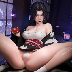 1girl 3d absurdres alcohol anus anus_peek bare_legs bare_shoulders black_hair black_lips blender_(medium) breasts bug butterfly collarbone covered_erect_nipples earrings highres hoop_earrings insect japanese_clothes japanese_house jewelry lantern large_breasts long_hair looking_at_viewer marvel marvel_rivals nianbingzi photoshop_(medium) psylocke purple_eyes pussy sake scar scar_on_face socks spread_legs thong white_socks x-men