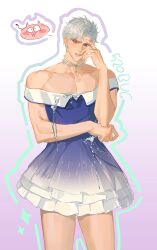1boy alternate_costume blue_dress blush collarbone cowboy_shot crossdressing dress earrings hand_on_own_face highres huohanaa jewelry looking_at_viewer love_and_deepspace male_focus muscular muscular_male necklace parted_bangs parted_lips pearl_earrings pearl_necklace red_eyes shirt short_hair solo sylus_(love_and_deepspace) teeth white_shirt