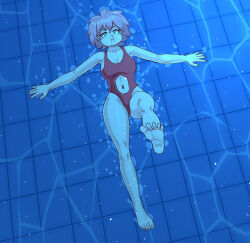 1girl absurdres air_bubble ass barefoot breasts bubble cleavage diving highres large_breasts markustercero one-piece_swimsuit pink_hair pool poolside short_hair standing submerged swimming swimsuit underwater water
