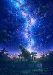 absurdres au_ito bird cloud commentary flower grass highres nature night night_sky no_humans original outdoors overgrown plant ruins scenery sky star_(sky) starry_sky tree variant_set vines yellow_flower