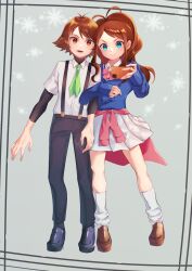 1boy 1girl absurdres blue_eyes bow brown_eyes brown_hair green_necktie highres hilbert_(pokemon) hilda_(pokemon) holding_another&#039;s_arm long_hair necktie nintendo pink_bow pokemon pokemon_(creature) pokemon_bw pokemon_masters_ex ponytail shirt skirt sweater white_shirt yuha_(donkarasu03)