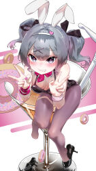 1girl absurdres animal_ears black_leotard black_shoes blue_eyes blue_hair blush breasts double_v full_body grin hair_ornament hairband hatsune_miku heart heart_hair_ornament highres leotard pantyhose pink_pupils purple_pantyhose qian_he_shui_cheng rabbit_ears rabbit_hole_(vocaloid) shoes small_breasts smile solo teeth two_side_up v white_hairband