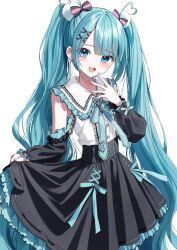 1girl :d black_skirt black_sleeves blue_bow blue_eyes blue_hair blue_nails blush bow collared_shirt commentary_request dress_shirt frilled_shirt_collar frilled_skirt frills hair_bow hair_ornament hairclip hand_up hatsune_miku highres long_hair long_sleeves nail_polish open_mouth pentagon_(railgun_ky1206) pleated_skirt puffy_long_sleeves puffy_sleeves shirt simple_background skirt skirt_hold sleeveless sleeveless_shirt smile solo striped_bow twintails very_long_hair vocaloid white_background white_shirt x_hair_ornament