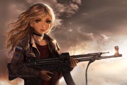 1boy american_flag assault_rifle black_choker black_eyeshadow brown_jacket brown_shirt choker cloud collarbone collared_jacket commentary copyright_notice day expressionless eyelashes eyeshadow floating_hair gradient_sky grey_eyes grey_sky gun gun_sling holding holding_gun holding_weapon jacket light_brown_hair long_hair long_sleeves looking_at_viewer makeup male_focus military_jacket mole mole_under_mouth multicolored_sky nitrile open_clothes open_jacket original outdoors parted_hair parted_lips patch pink_lips pocket rifle russia russian_flag shirt sidelighting sky solo stg44 sun sunlight t-shirt trap trigger_discipline tumblr_username unbuttoned upper_body watermark weapon web_address white_sky