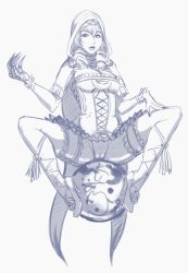 Rule 34 | 1girl, breasts, cameltoe, cape, choker, claw (weapon), corset, drill hair, female focus, high heels, highres, hood, large breasts, lips, live for the funk, monochrome, orb, panties, pantyshot, solo, soul calibur, soulcalibur, soulcalibur v, spread legs, straddling, thighhighs, underwear, viola (soulcalibur), weapon