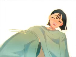 Rule 34 | 2girls, alien stage, black hair, closed eyes, commentary, dress, grey dress, head under another&#039;s clothes, highres, laughing, mizi (alien stage), multiple girls, open mouth, short hair, smile, sua (alien stage), under another&#039;s clothes, whitebeepink, yuri