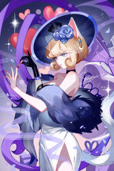 1girl animal_ears artist_name black_gloves blonde_hair blue_hat cat_ears cowboy_shot dress feather_boa gloves hat highres nail_polish purple_eyes red_nails sheya short_hair signature single_glove solo standing