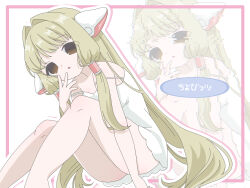 1girl 2000s_(style) absurdres animal_ears ass blonde_hair breasts brown_eyes chii chobits cleavage commentary_request copyright_name dress glitch hair_tubes highres long_hair looking_at_viewer nightgown persocom_(chobits) robot_ears selenium simple_background sitting solo tsurime very_long_hair white_background white_dress zoom_layer