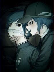 2boys :d ahoge black_eyes black_hair black_jacket blush buttons cloth_gag danganronpa_(series) danganronpa_v3:_killing_harmony double-breasted dual_persona eh_(cattun01) from_side gag highres improvised_gag jacket long_sleeves male_focus multiple_boys official_alternate_costume open_mouth saihara_shuichi short_hair smile striped_clothes striped_jacket tile_wall tiles upper_body yaoi