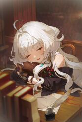 Rule 34 | absurdres, ahoge, bag, book, desk, grey hair, highres, holding, holding bag, indoors, ink, mabinogi, rowan (mabinogi), sitting, sleeping, sleeveless