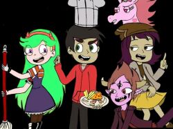 Rule 34 | 2boys, 3girls, aqua eyes, bad source, beanie, black background, black eyeliner, black hair, black pants, blonde hair, blue eyes, boots, bracelet, brown eyes, cheese, chef hat, coat, colored skin, commentary request, demon, demon horns, dress, earrings, eyelashes, eyeliner, fake horns, flying animal, food, french fries, frilled dress, frills, hairband, hat, holding, holding mop, holding plate, hood, hoodie, hoop earrings, horns, huge eyebrows, janna ordonia, jewelry, lineart, makeup, marco diaz, mole, mole under eye, mop, multiple boys, multiple earrings, multiple girls, open clothes, open coat, open mouth, pants, pantyhose, pink hair, plate, princess pony head, purple skin, red eyes, red hoodie, shirt, simple background, spiked bracelet, spikes, star-shaped pupils, star (symbol), star butterfly, star vs the forces of evil, striped clothes, striped shirt, stud earrings, swept bangs, symbol-shaped pupils, third eye, tom lucitor, unicorn, yin yang, zenixiust kaku