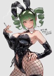 Rule 34 | 1girl, absurdres, animal ears, ap cammy, bare shoulders, black gloves, black leotard, black pantyhose, blush, breasts, cigarette, cleavage, closed mouth, clothing cutout, detached collar, drill hair, elbow gloves, fingerless gloves, fishnet pantyhose, fishnets, gloves, green eyes, green hair, grey background, highres, holding, holding cigarette, large breasts, latex, leotard, long hair, looking at viewer, navel, navel cutout, necktie, nontraditional playboy bunny, original, pantyhose, playboy bunny, rabbit ears, simple background, solo, twin drills, twintails
