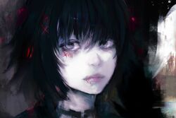 1boy androgynous black_choker black_eyes black_hair choker gradient_background hair_ornament hairclip highres lips looking_at_viewer male_focus painterly roman_numeral short_hair simple_background solo stitched_face stitches suzuya_juuzou tokyo_ghoul tokyo_ghoul:re x_hair_ornament xa8uofivf2mcart