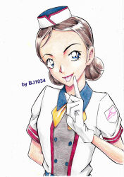1girl :p absurdres arm_behind_back artist_name belt bj1034_(tosashi) black_hair blue_belt blue_eyes buttons collared_dress colored_pencil_(medium) double-breasted dress finger_to_mouth gloves hair_bun hat highres index_finger_raised ishioka_ellie looking_to_the_side meitantei_conan multicolored_dress multicolored_hat neckerchief parted_bangs short_sleeves simple_background solo tongue tongue_out traditional_media upper_body white_background white_gloves yellow_neckerchief